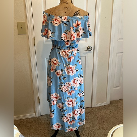 Hot Kiss baby blue pink floral high low stretchy dress off shoulder midi S - Picture 7 of 12